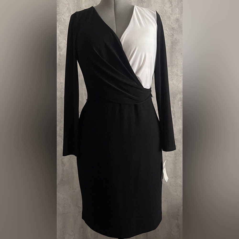 Lauren Ralph Lauren NWT Colorblock Wrap Midi Sheath Dress Black White Size 12